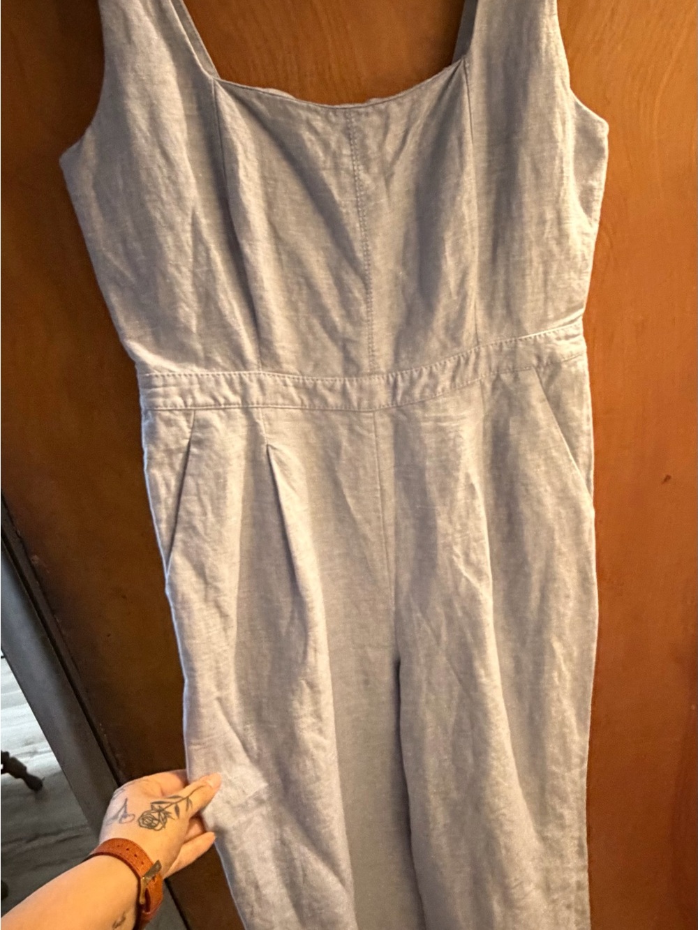 LOFT Light Gray Linen-Blend Sleeveless Jumpsuit